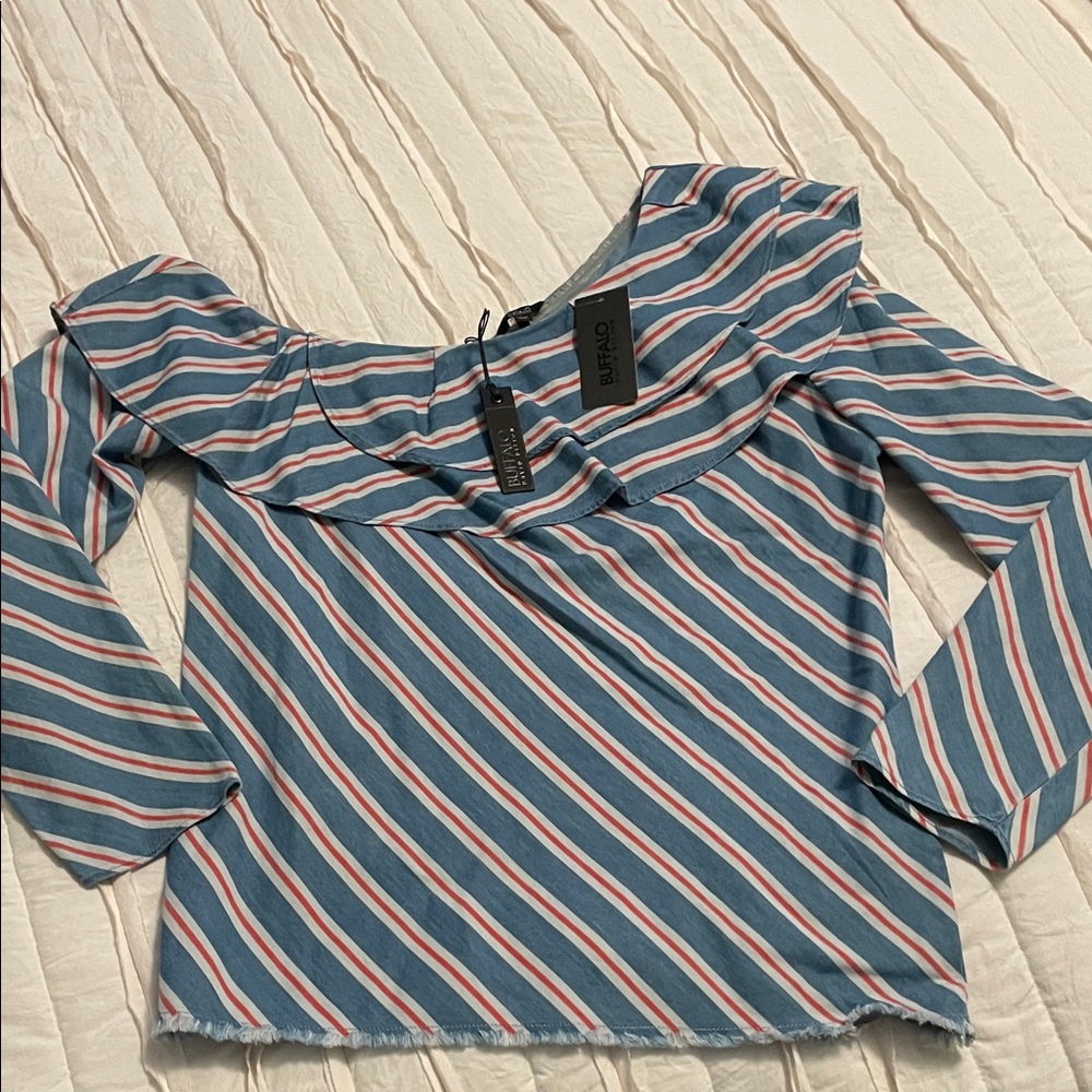 Buffalo cotton blue/red stripe shirt. Semi off shoulder with fringe bottom.
